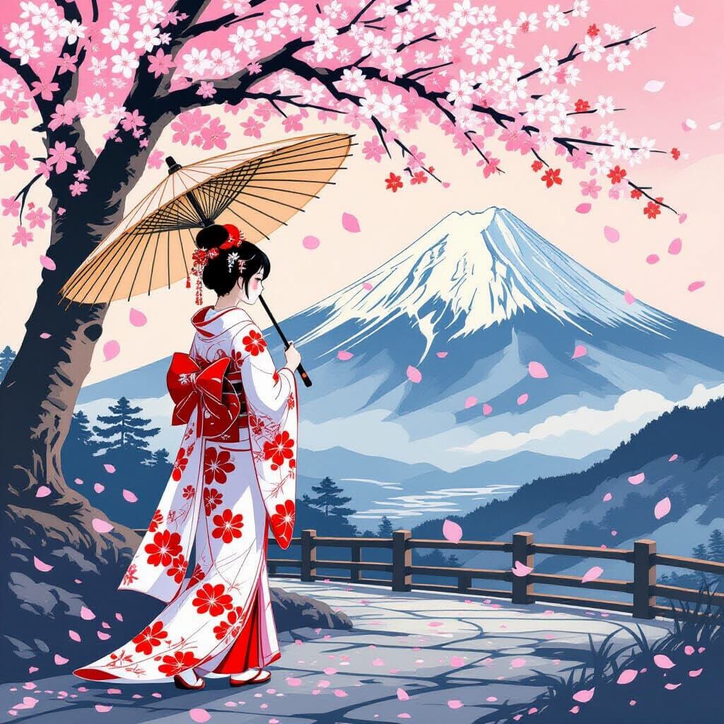 Nine-Tailed Fox Girl in Kimono Under Cherry Blossoms