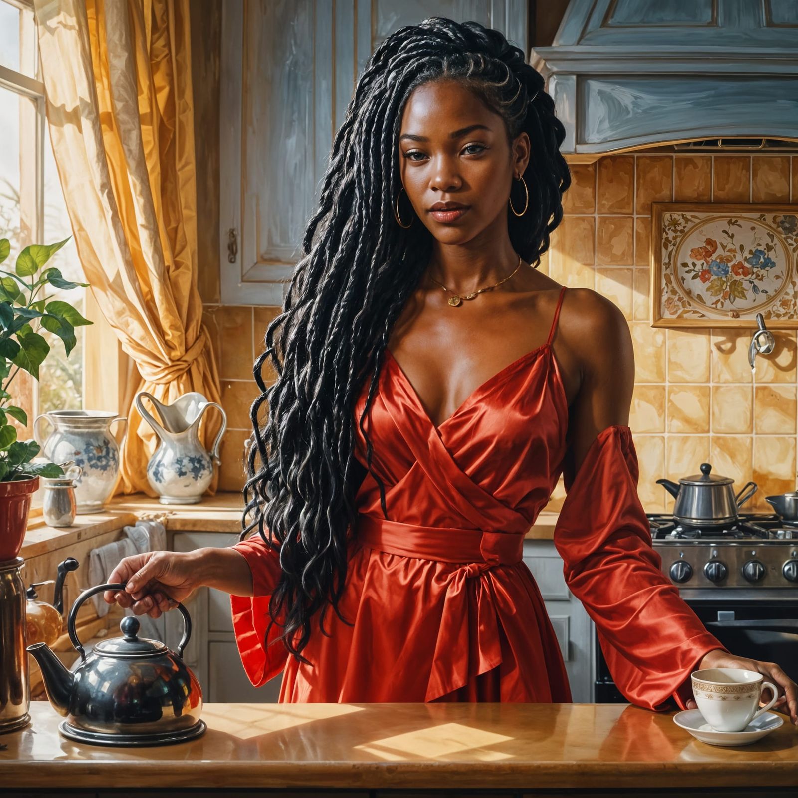 Ebony Woman in Kitchen: Oil Painting Inspired by Semmel