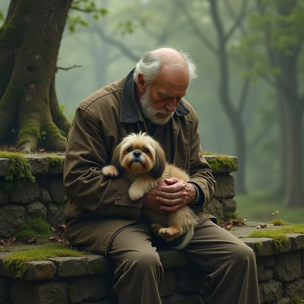 Elderly Man's Farewell to Shi Tzu in Ethereal Landscape