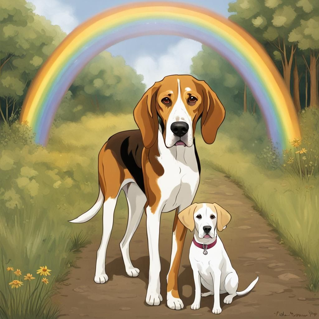 a treeing walker coonhound, solid smooth brown head and long ears, solid white muzzle standing with her buddy an old fat...