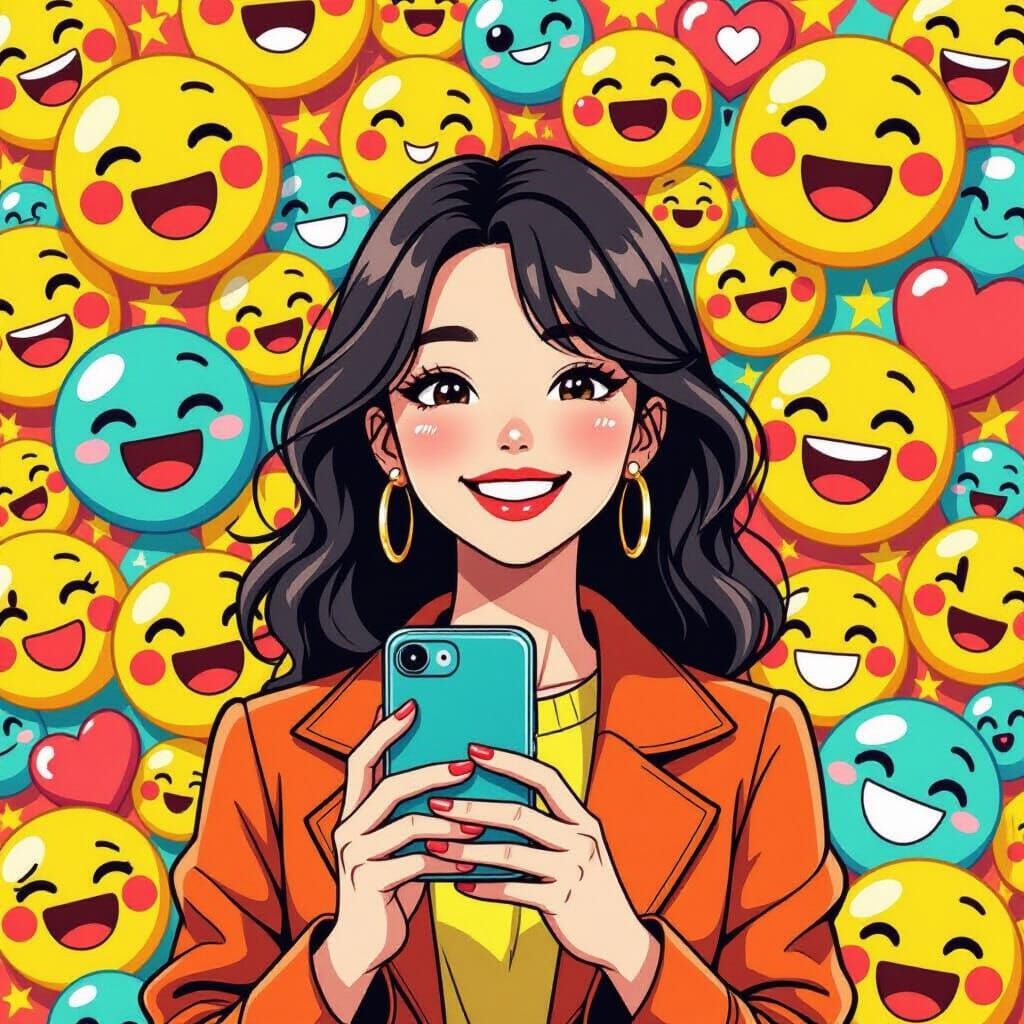 Woman Surrounded by Emojis in Playful Pop Art