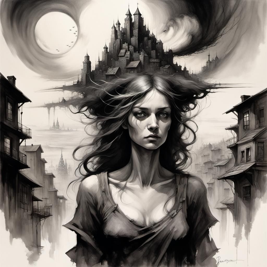 Ethereal Woman Burdened by Town: Charcoal Illustration