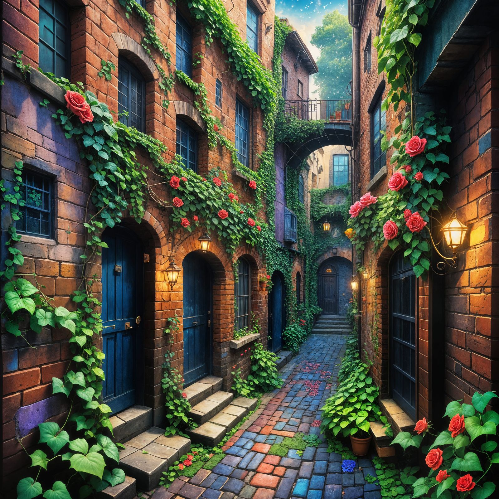 Lush Alleyway: Cosmic Illustration in Mixed Media