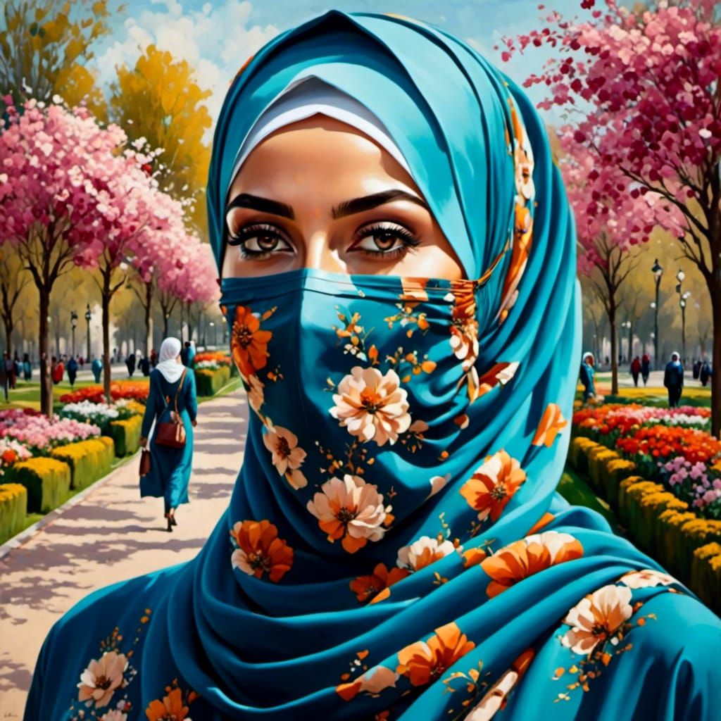 Beautiful Hijabi Woman in Spring Park Painting