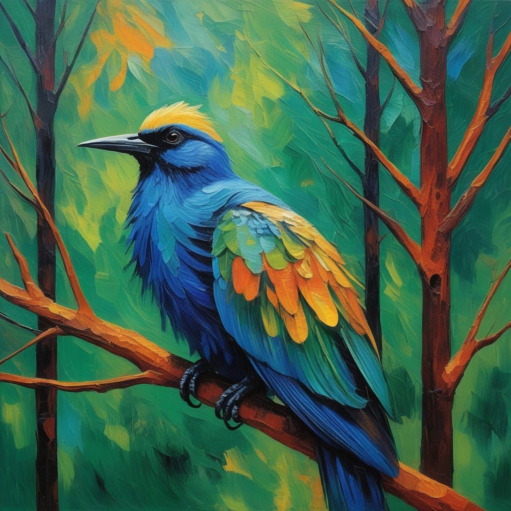 Whimsical Forest Bird in Vibrant, Impasto Colors