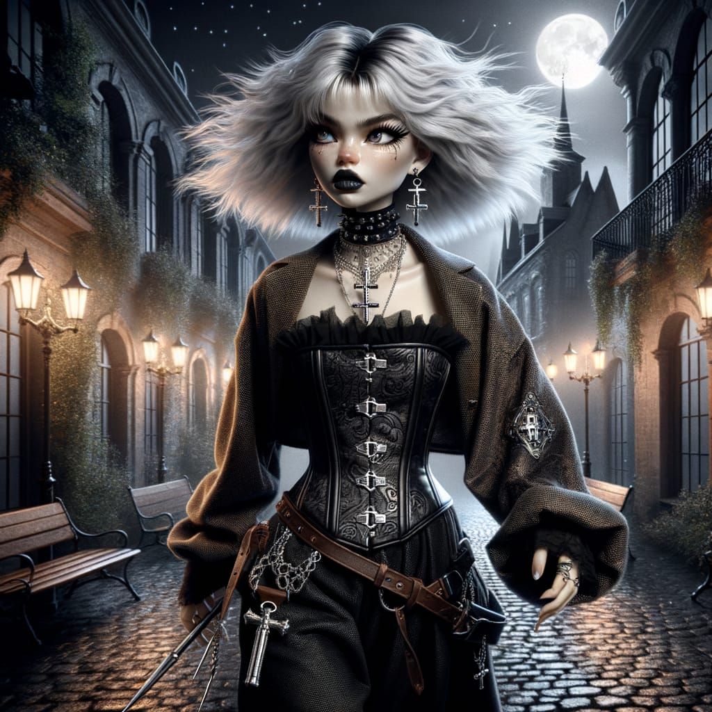 Hair brushed acrylic, cartoon, fierce girl walks, along through glowing cobblestone streets, a Gothic city meets a wild ...