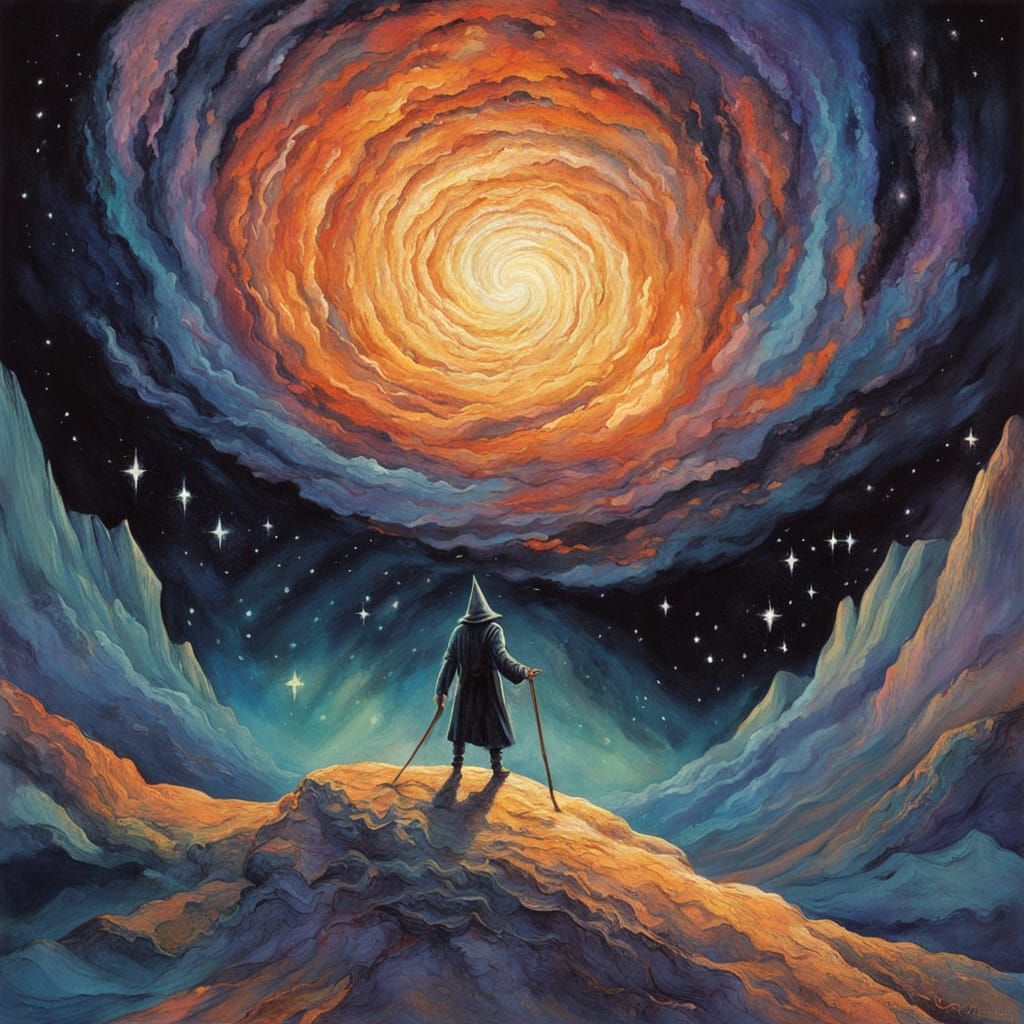 Wizard Gazing into Cosmic Vortex in Dark Fantasy Style