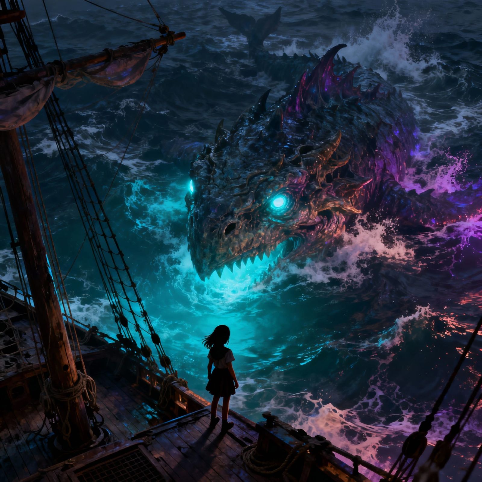 Girl Confronts Giant Sea Monster from Ship Deck