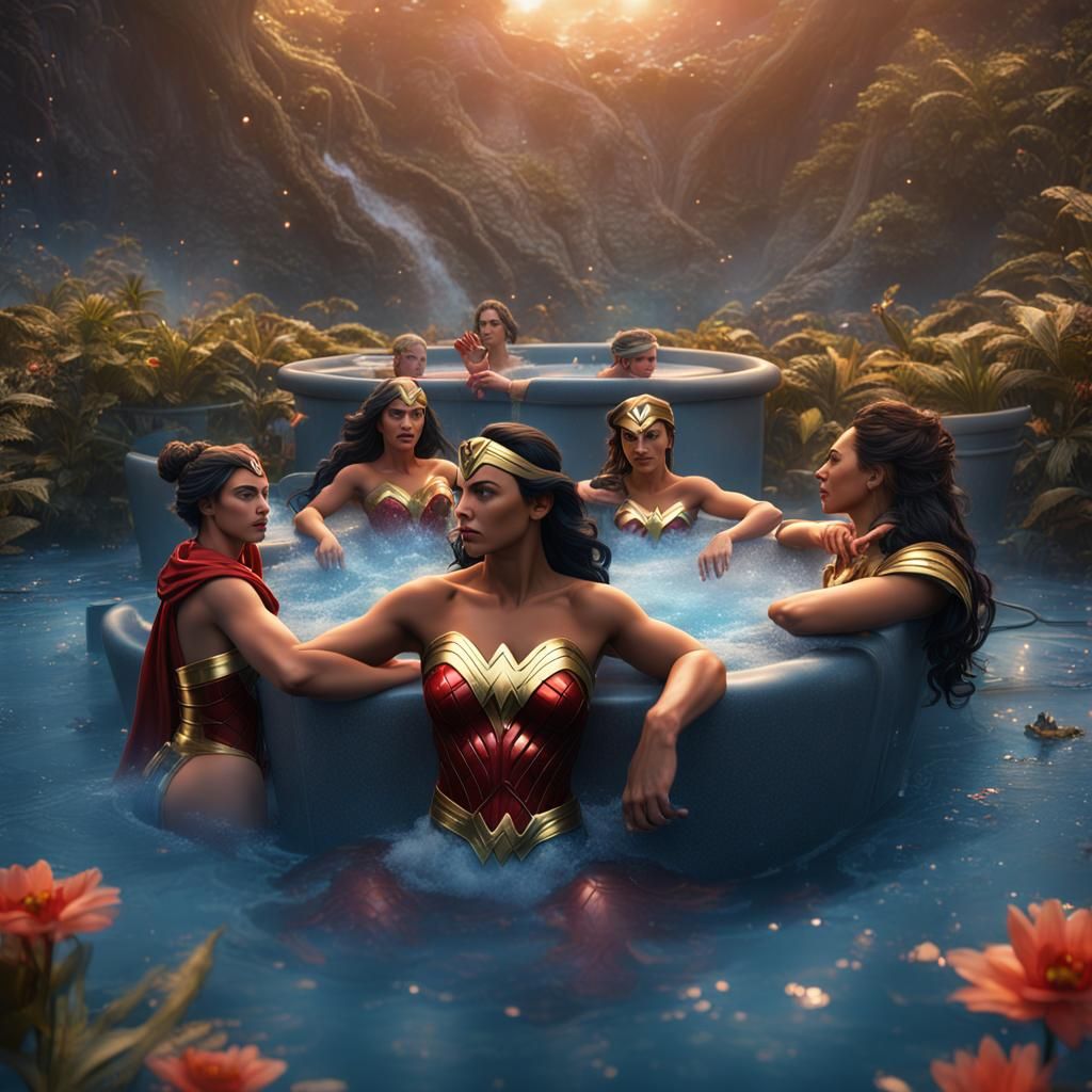 Superheroes Relaxing in Hot Tub: Detailed Matte Painting