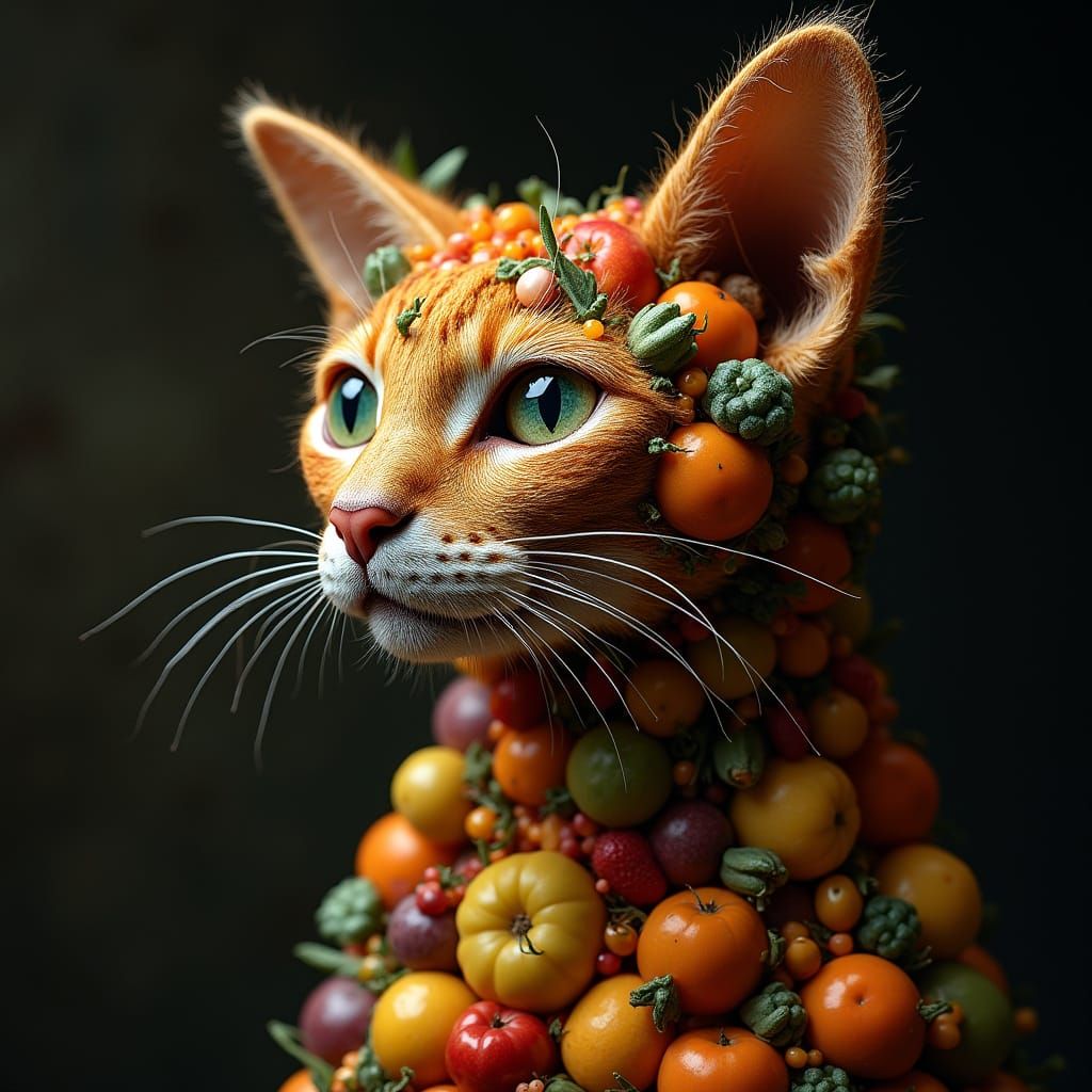 Mosaic Fruit and Vegetable Cat in Arcimboldo Style