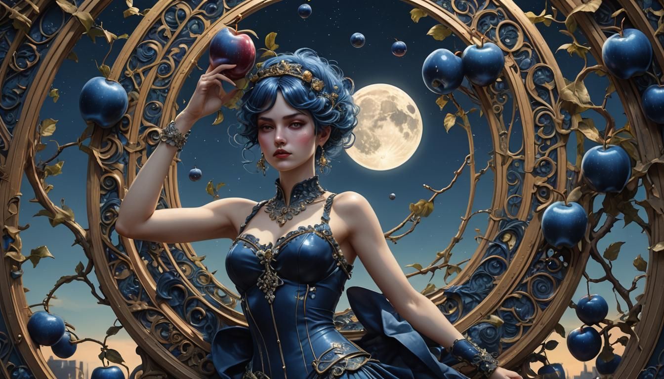 Dark Blue Apples Art Nouveau Photorealism