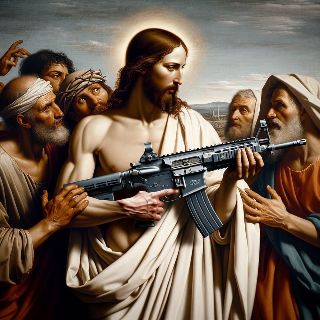 Renaissance Messiah with Modern Firearm: Hyperrealistic Depi...