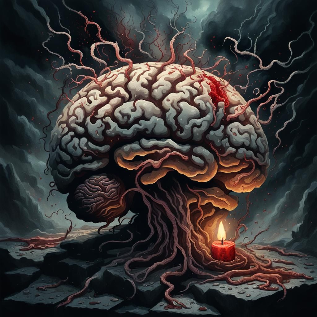 Grotesque Brain Matter Explosion in Dark Fantasy Style