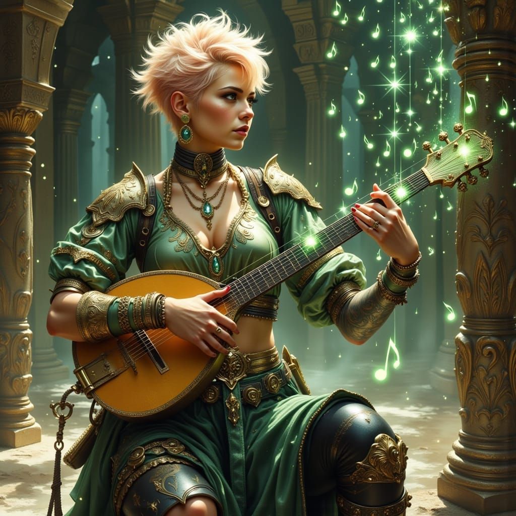 Fantasy Woman Plays Lute in Abandoned Temple