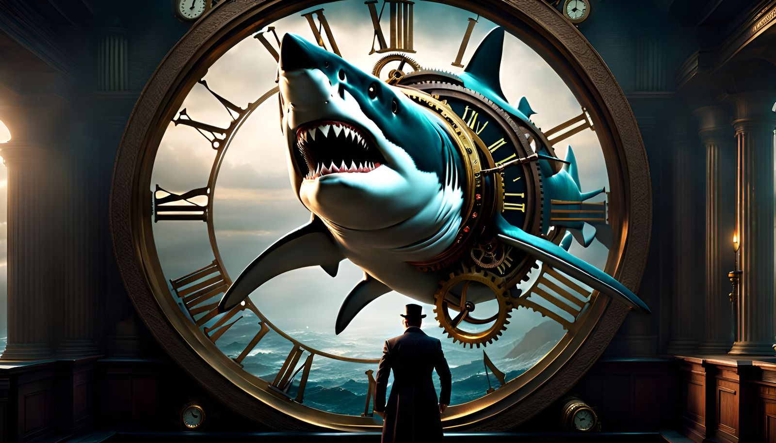 Steampunk Shark Holding Clock: Digital Matte Painting