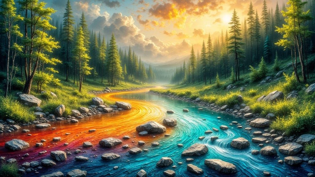 Vibrant River Landscape in Impressionist Fantasy Style