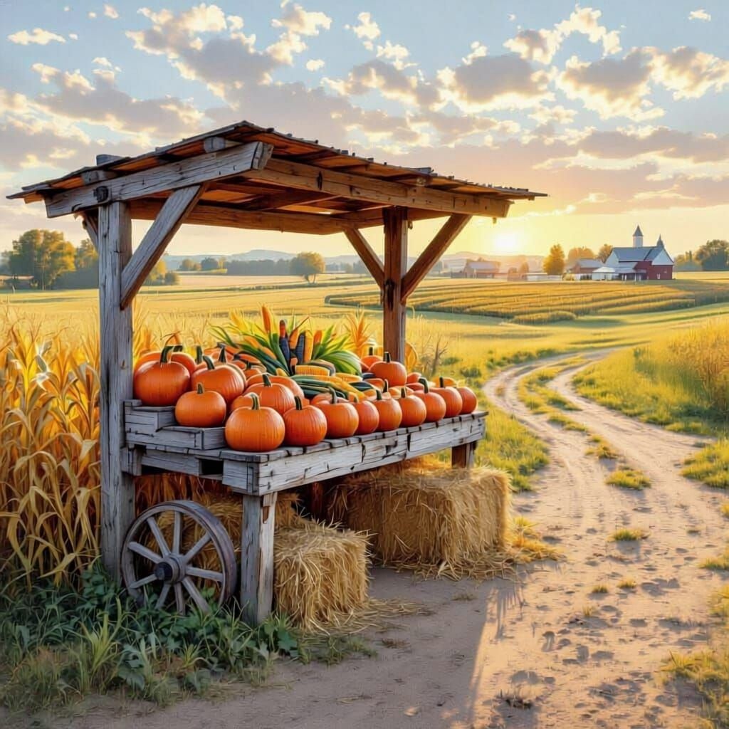 Rustic Farm Stand at Sunset: Autumn Bounty