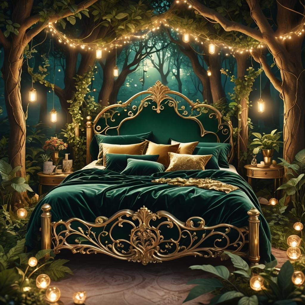 Mystical Forest Velvet Bed in Dreamlike Illustration