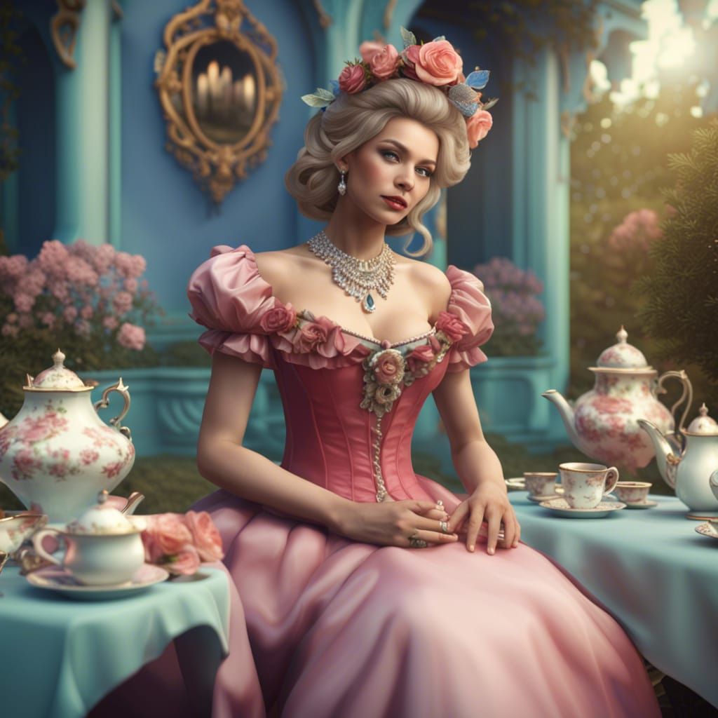 Luxurious Tea Party in Castle Garden: 3D Rendering