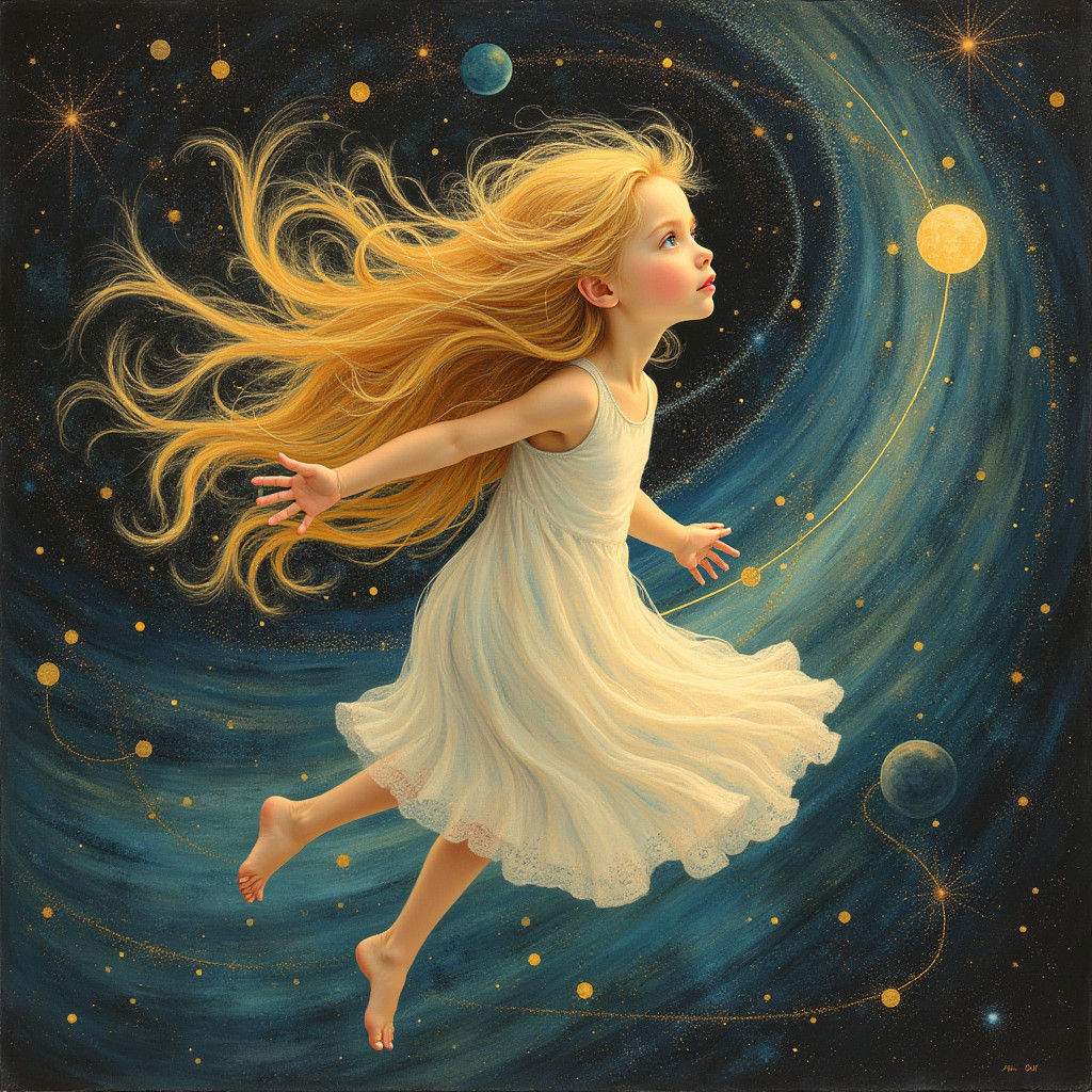Girl Soaring Through Stars in Art Nouveau Style