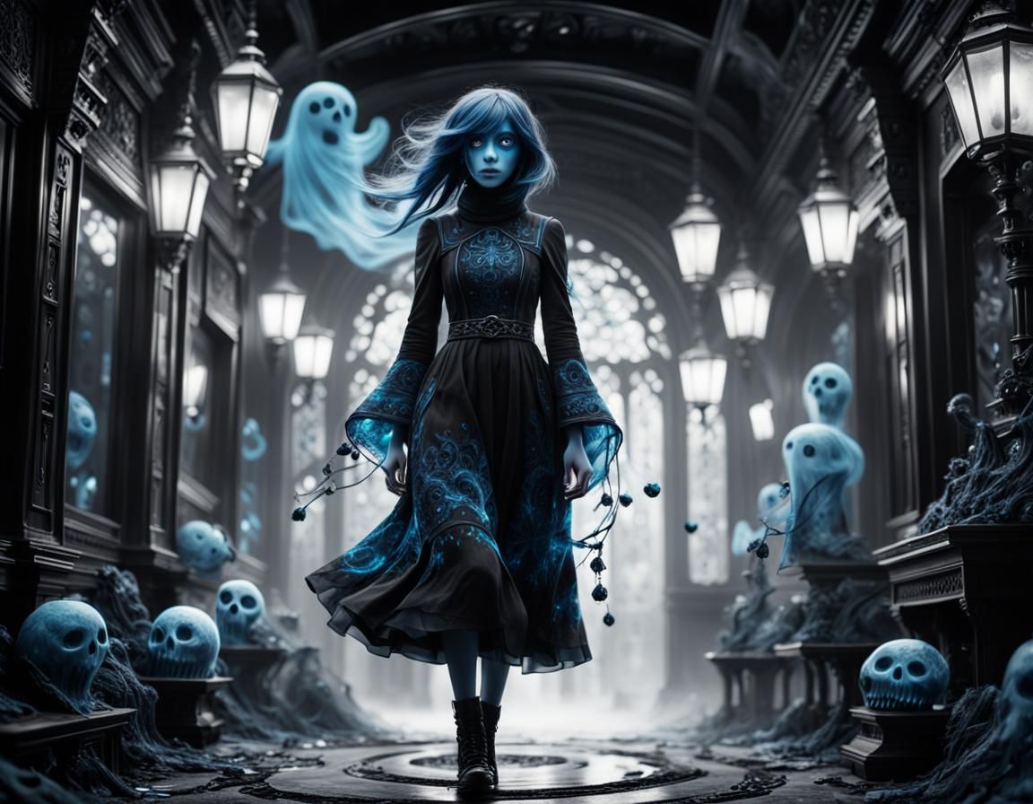 Blue Ghost Girl in Black and White World
