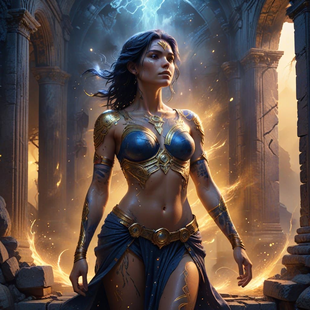 Woman With Glowing Celestial Tattoos in Ancient Ruins