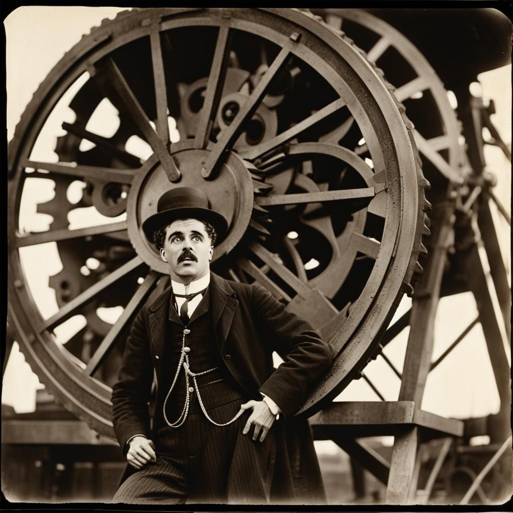 Chaplin on Cogwheel in Daguerreotype Style