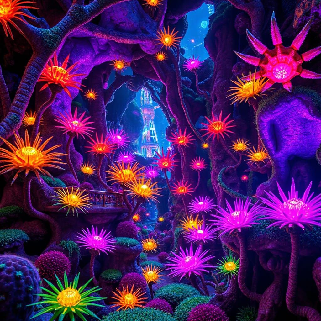 Bioluminescent Fractal Jungle with Alien Flora