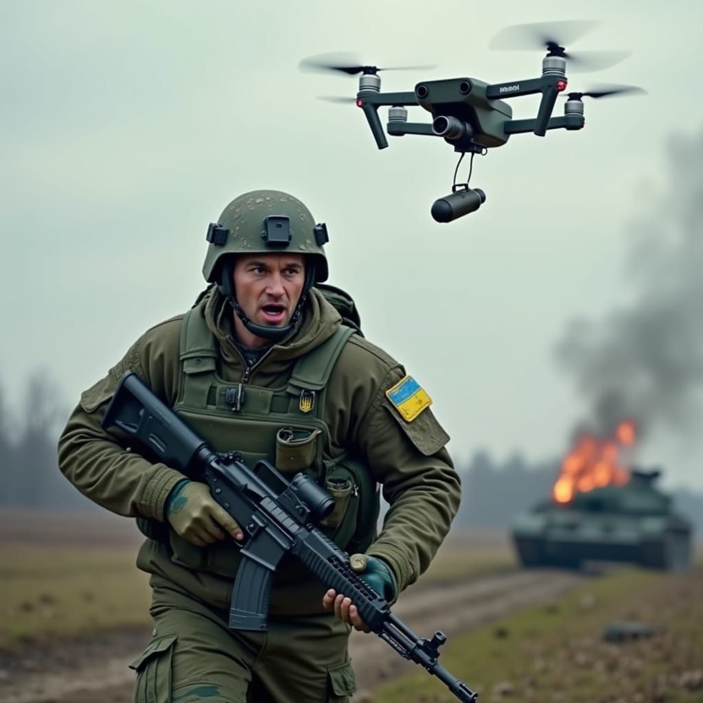 Ukrainian Soldier Running from Drone in Cyberpunk Style