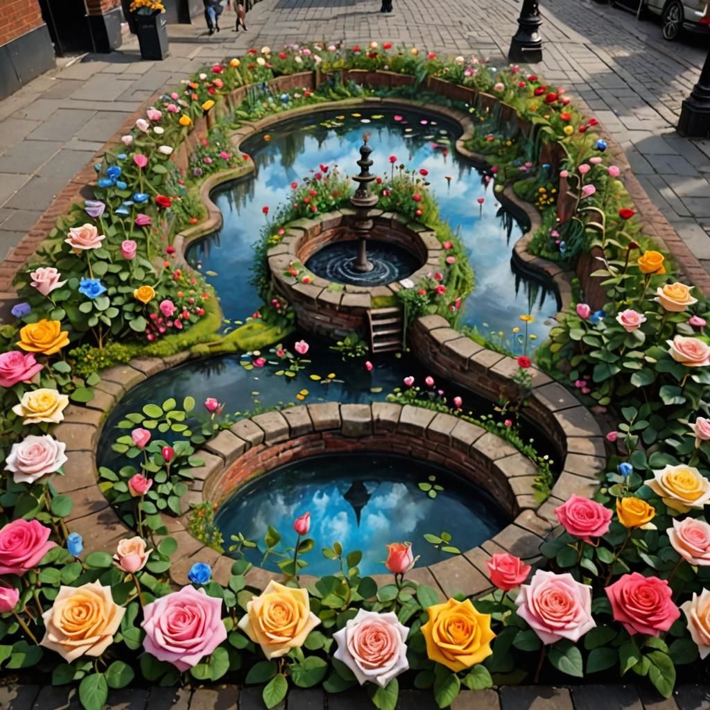 Vibrant Chalk Art Rose Garden Street Scene