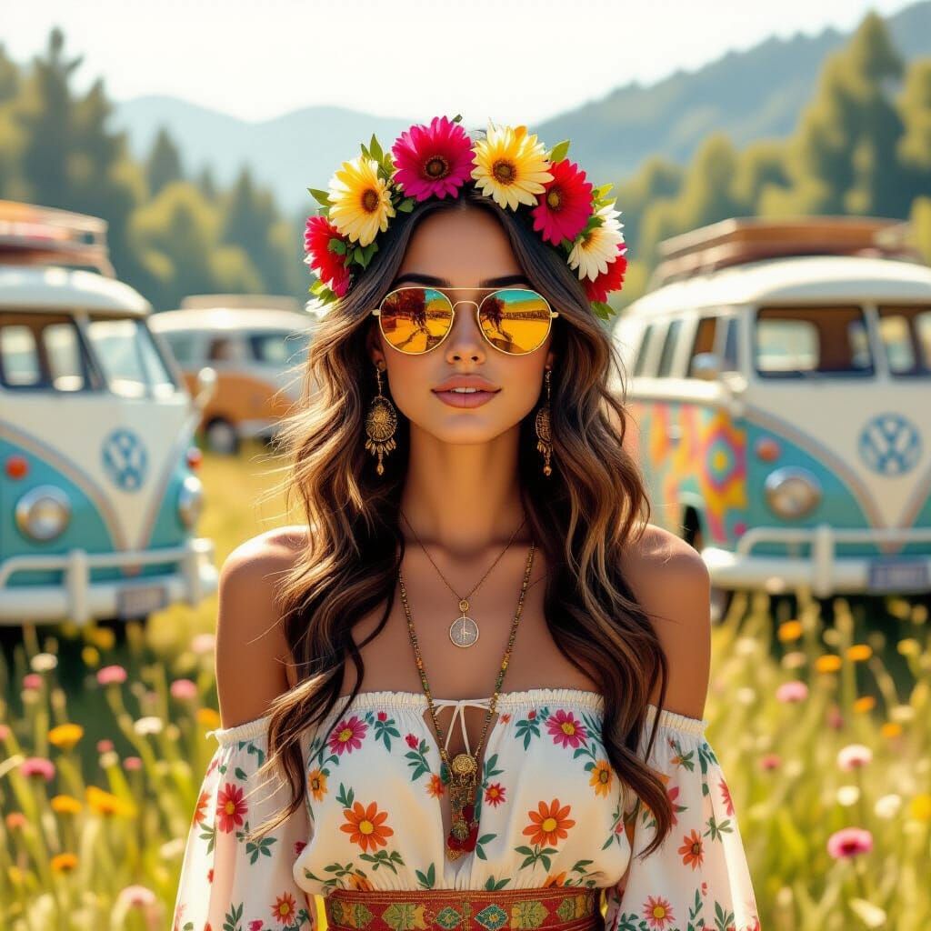 Bohemian Woman in Psychedelic Summer Meadow