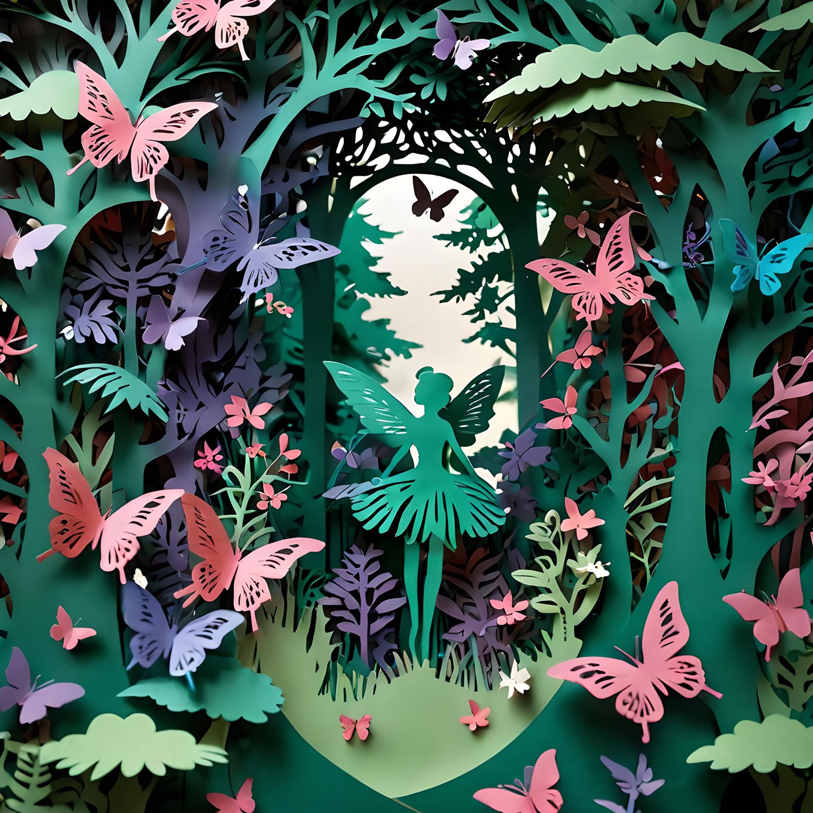 Papercut Fairy in Forest of Green and Pink