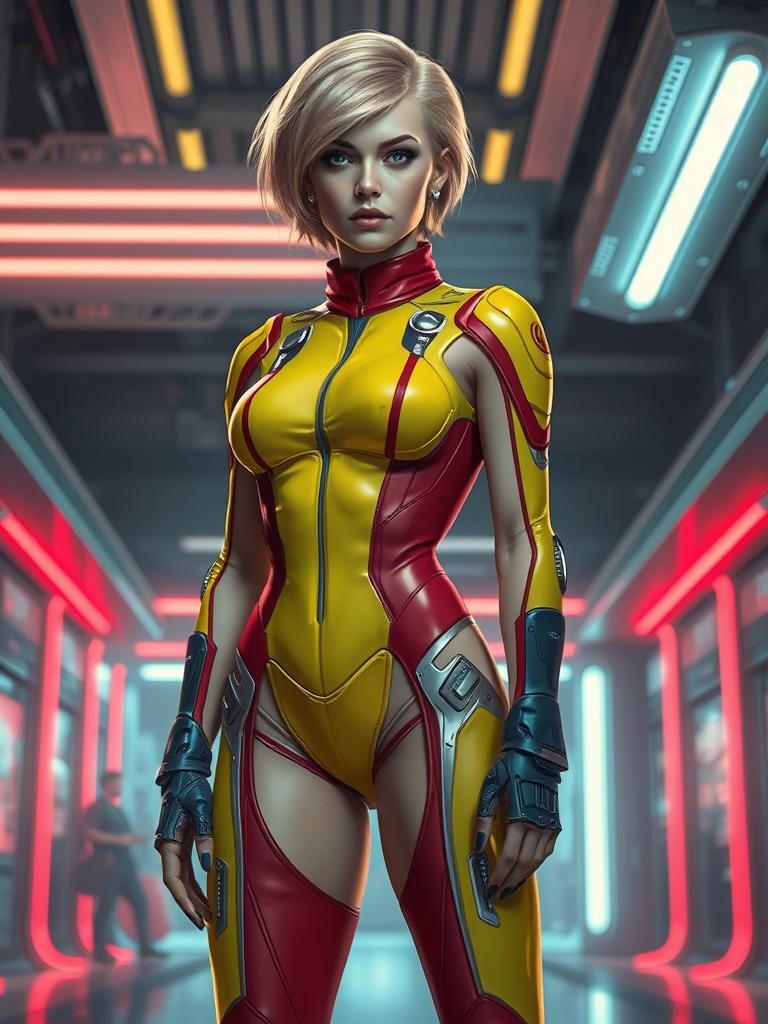 A stunning, beautiful, blonde athletic, female dressed in fu...