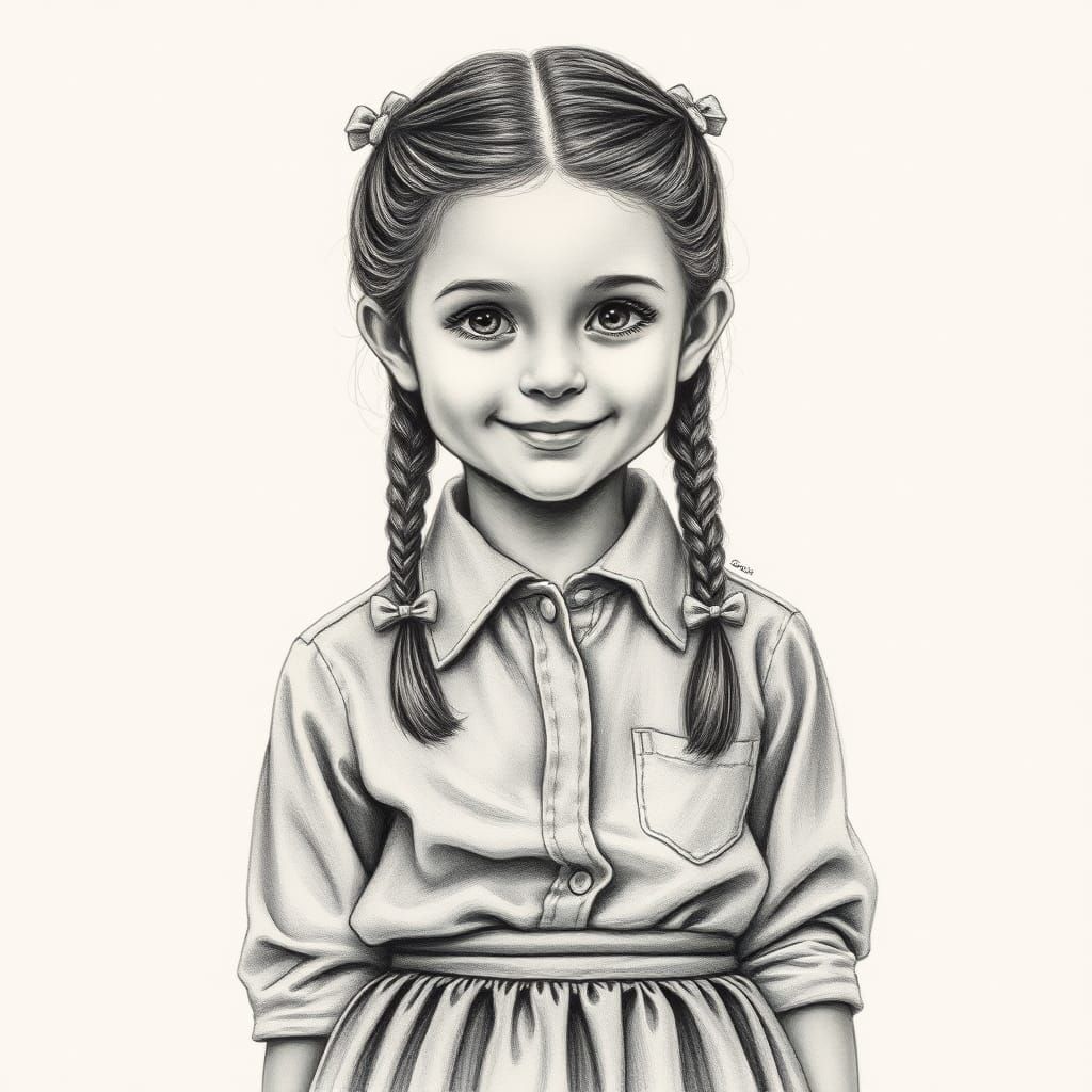 Charming Charcoal Portrait of a Braided Girl
