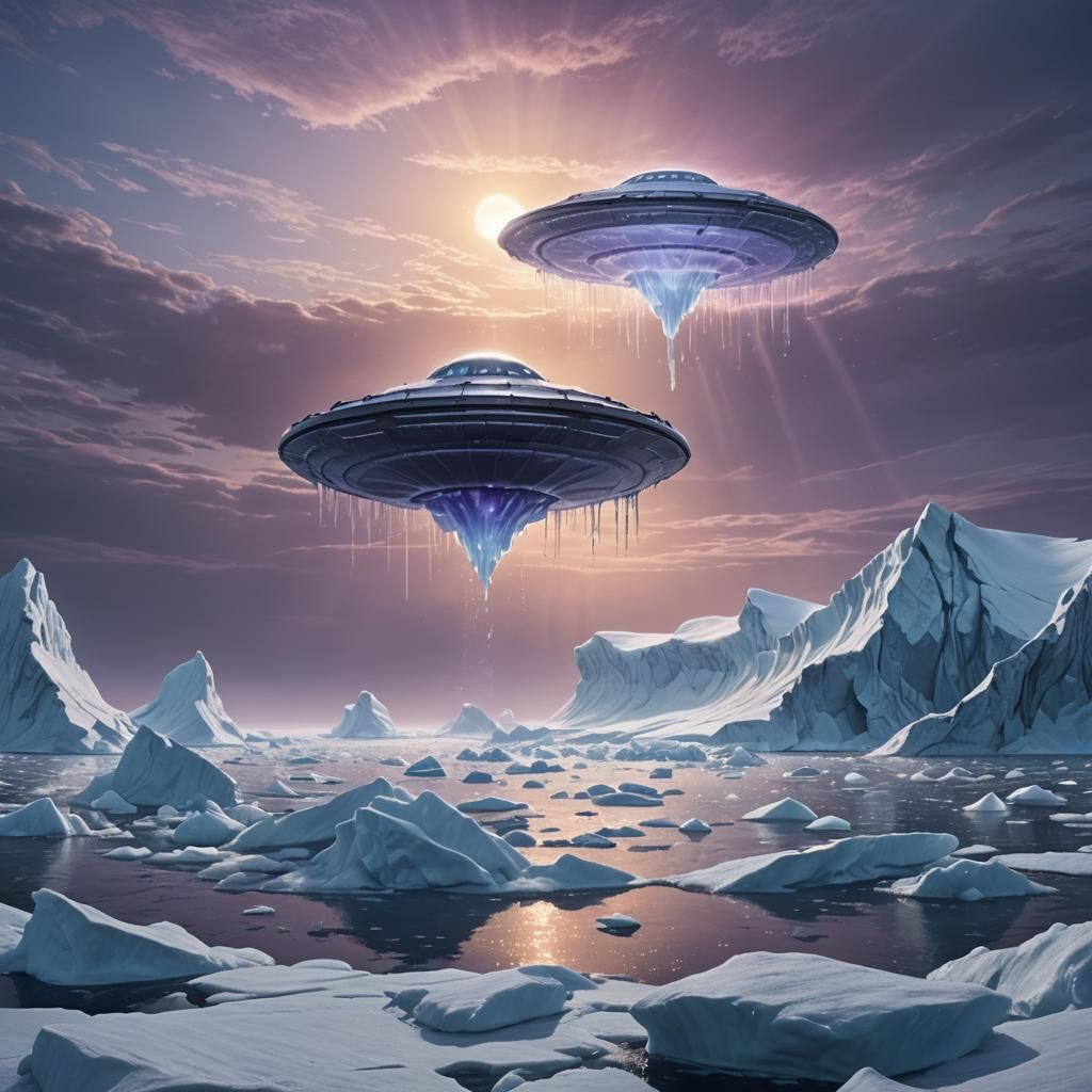 Giant UFO Hovers Over Iceberg: Photorealistic Digital Art