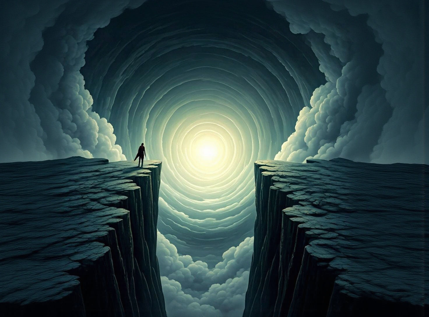 Lone Figure on High Cliff Overlooking Cloud Vortex, Dark Fan...