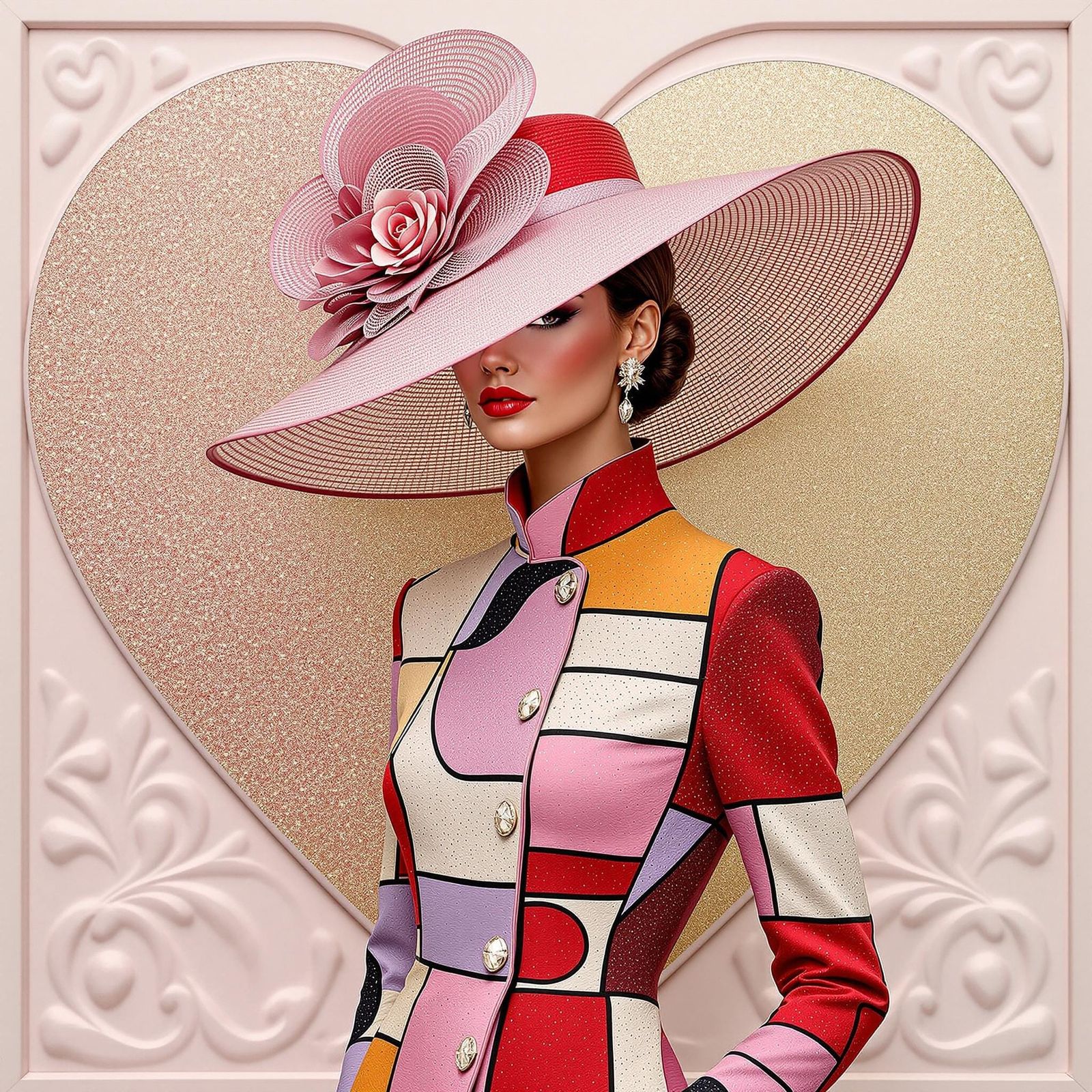 Vibrant Woman in Mondrian Coat with Heart-Shaped Relief