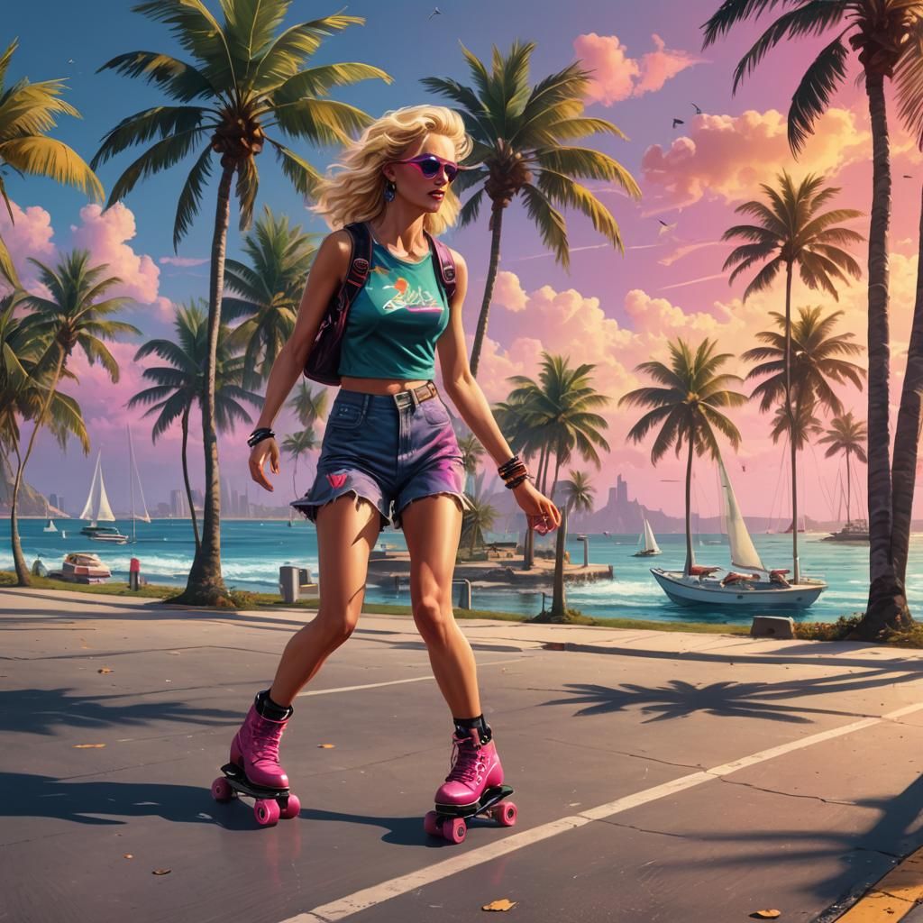 1980s Roller Skate Girl in Synthwave Style