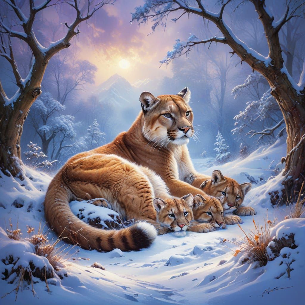 Cougar Family Warmth in a Blizzard