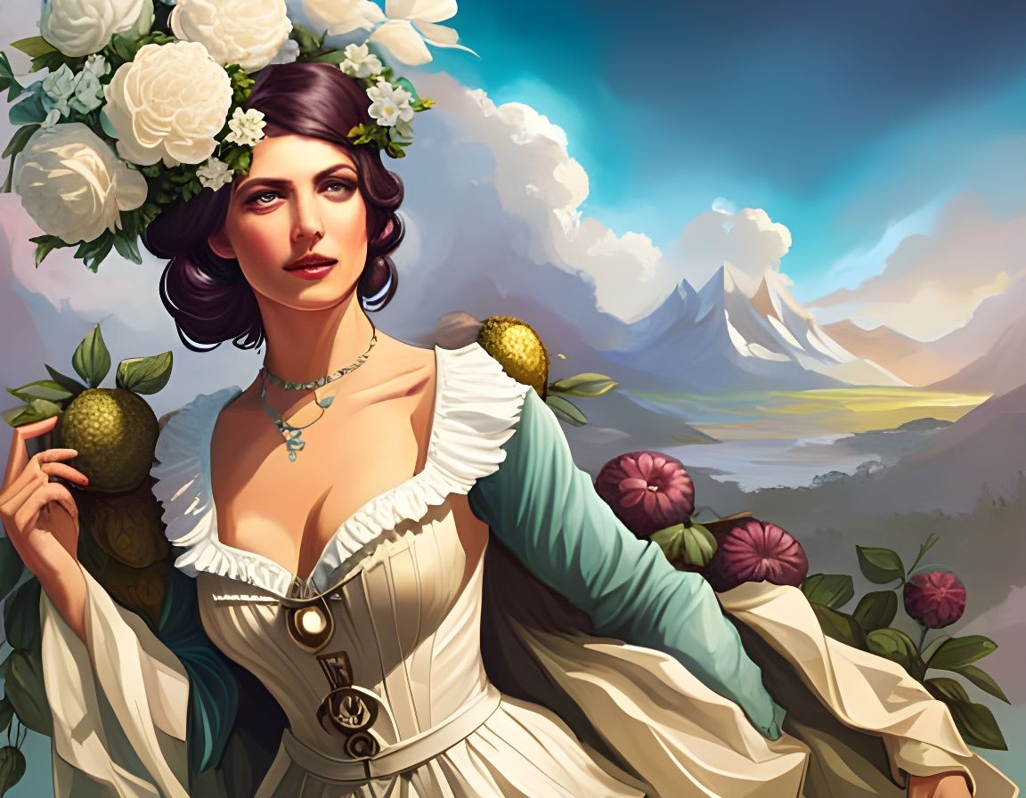 Steampunk Woman Portrait with Flowers, Hyperdetailed Art