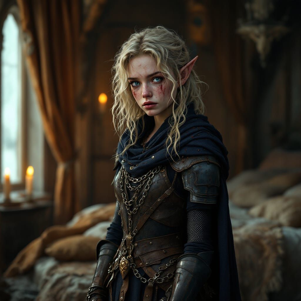 Exhausted Elf Warrior in Opulent Medieval Bedroom