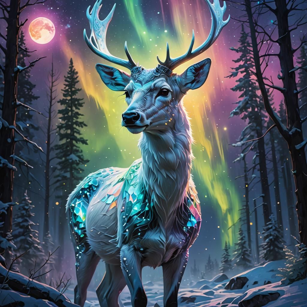 Iridescent Moon Illuminates White Deer in Northern Lights