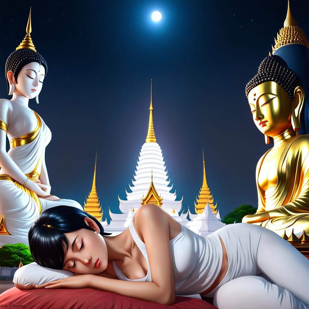 Anime Woman Sleeping at Thailand Temple