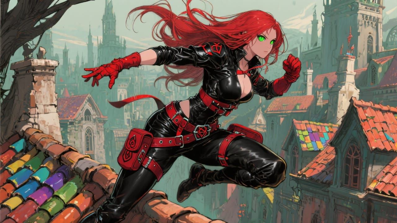 Red-Haired Rogue Leaping Across Fantasy City Rooftops