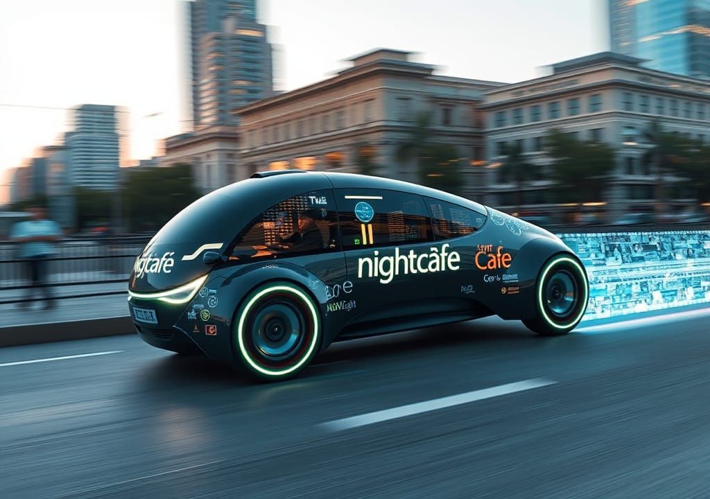 Futuristic NightCafe Vehicle Speeds Through City