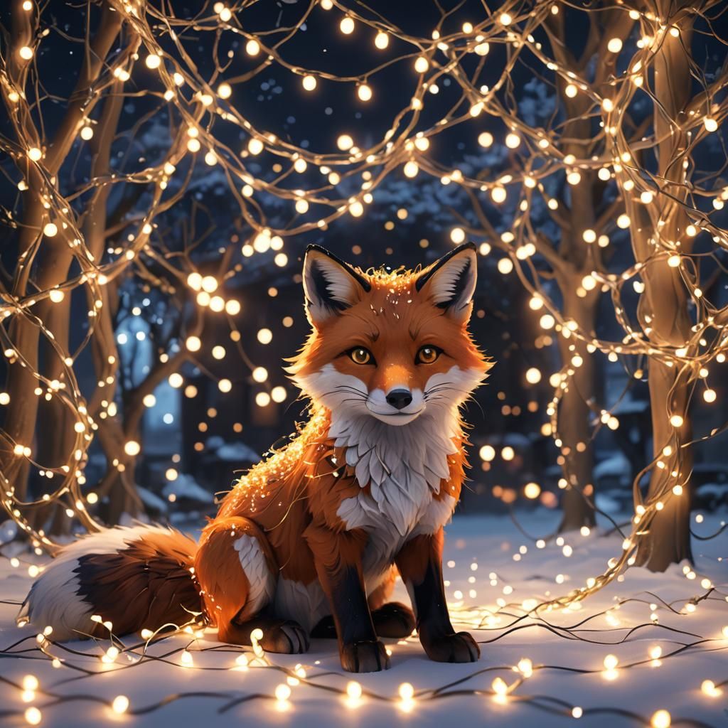 Fox Tangled in Christmas Lights: 3D Anime Art