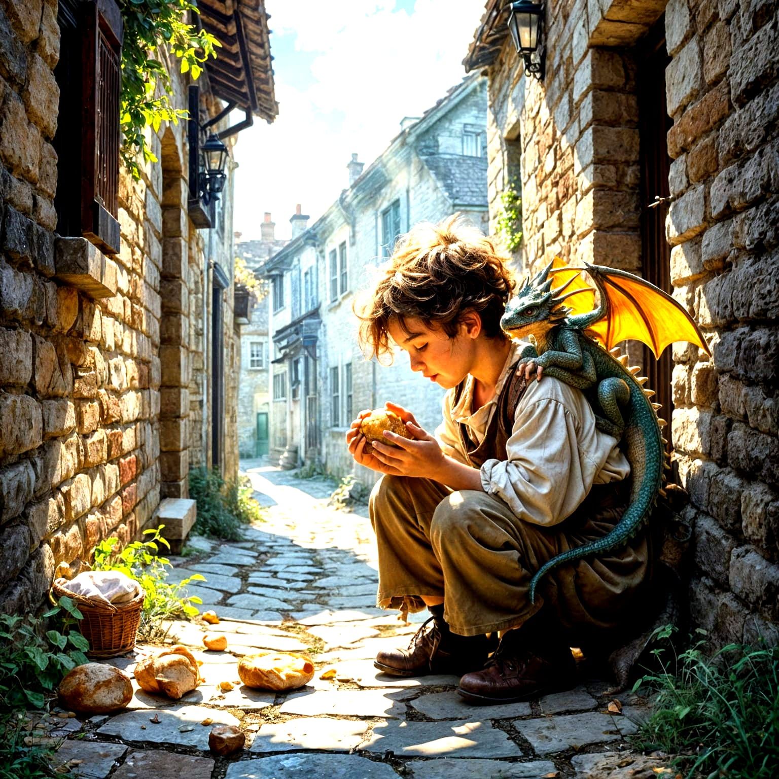 Victorian Child Shares Bread With Dragon