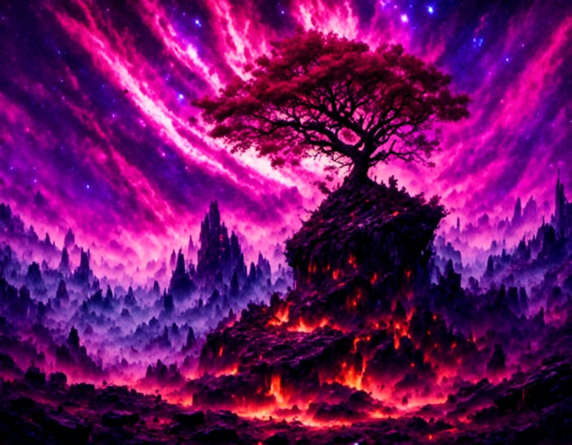Gnarled Tree Under Milky Way in Fantasy Style