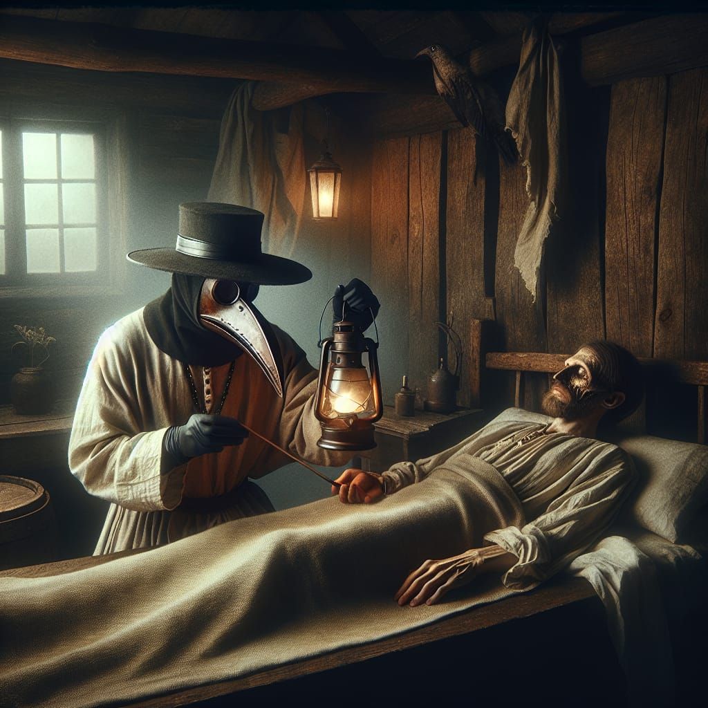 Plague Doctor Tending Patient in Antique Setting