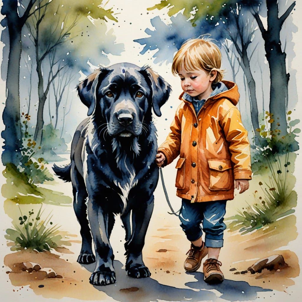 Child Hugging Dog in Watercolor Style
